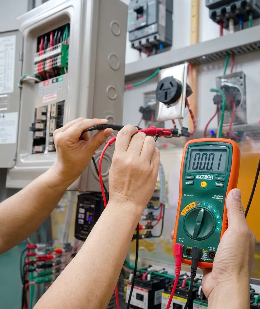 Medición con multímetro en un tablero eléctrico industrial